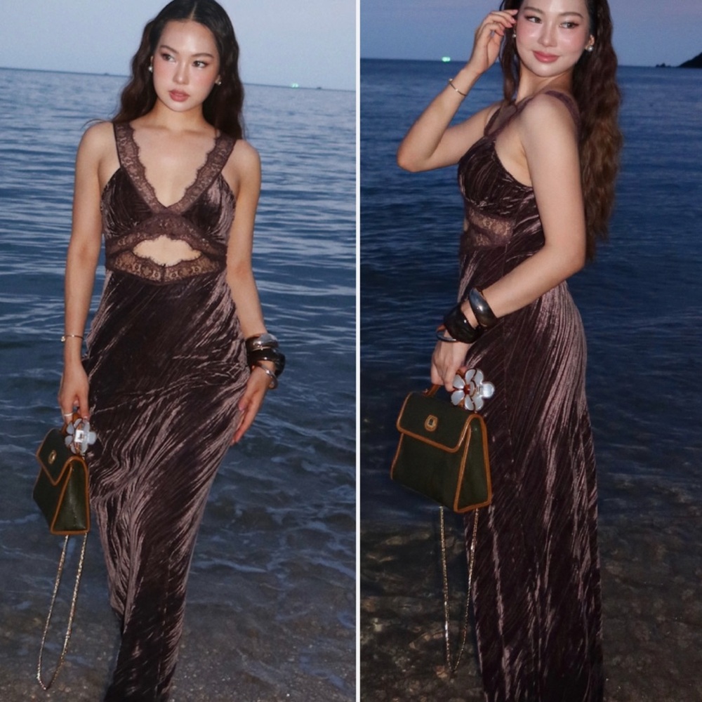 Zara Elegant Brown Lace Trim Maxi Dress